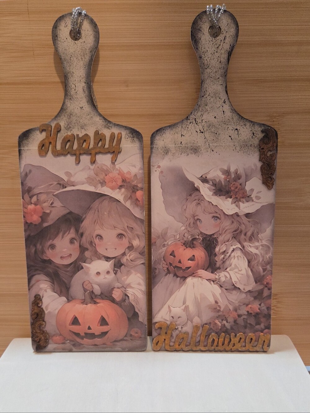 🎃 Set of 2 Upscale Handmade Halloween Witch & Pumpkin Wooden Decorative Boards